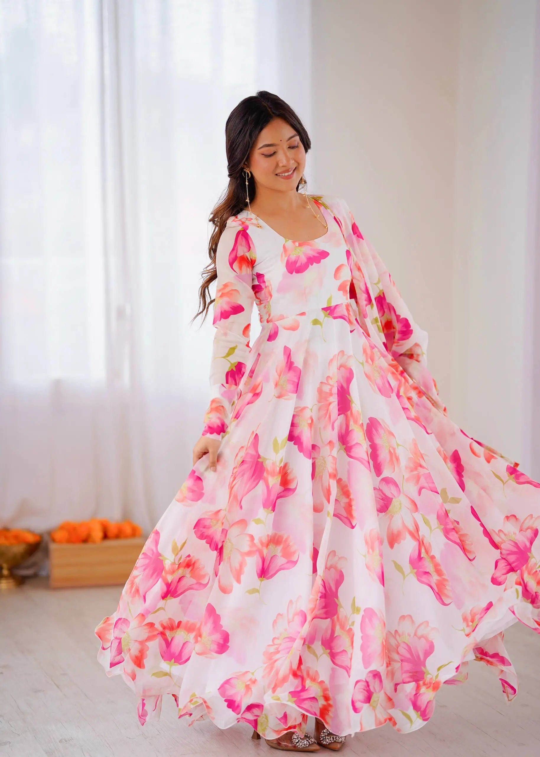 Floral Organza Taby Silk Anarkali Gown Set with Dupatta