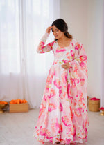Floral Organza Taby Silk Anarkali Gown Set with Dupatta