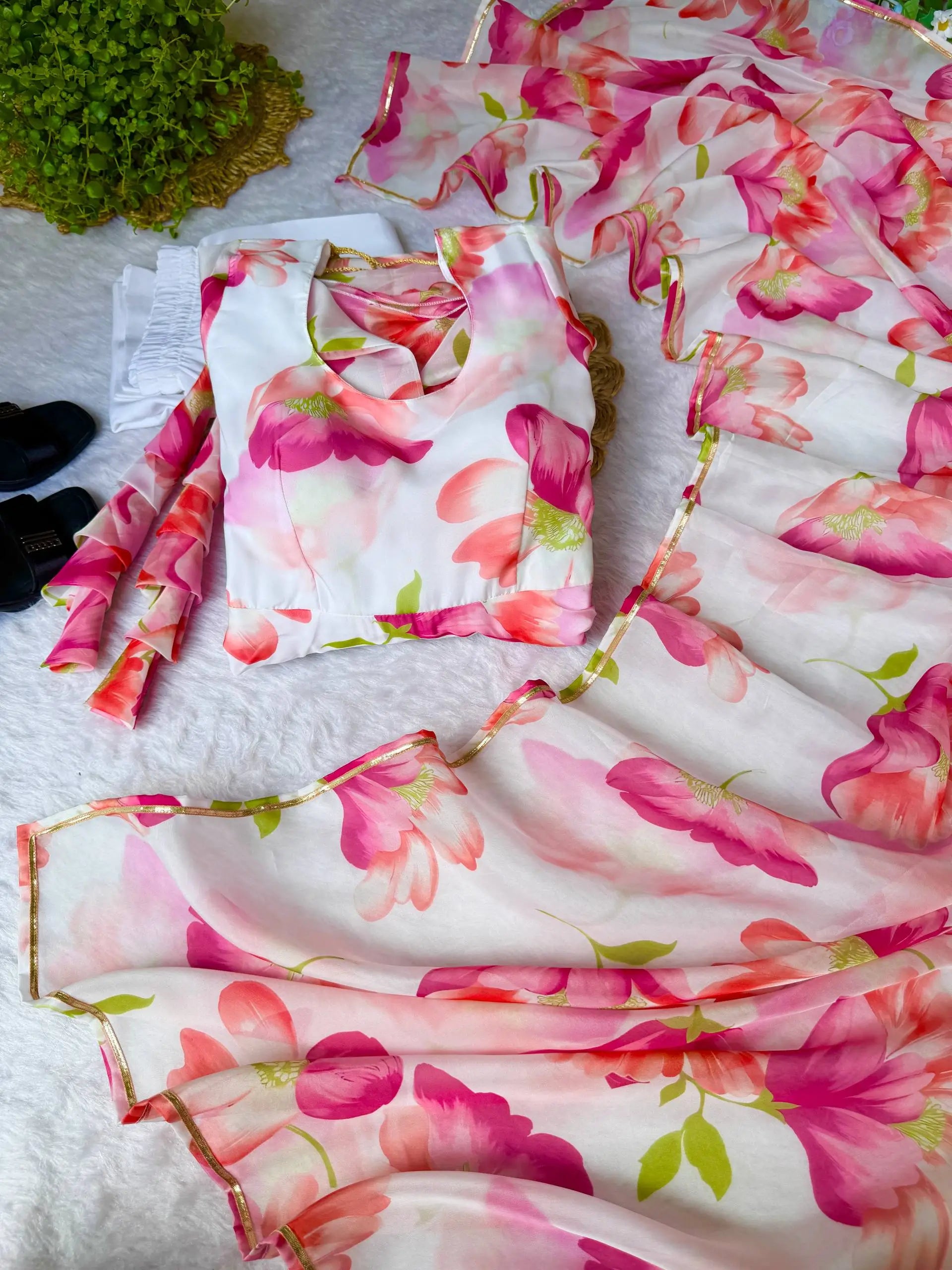 Floral Organza Taby Silk Anarkali Gown Set with Dupatta