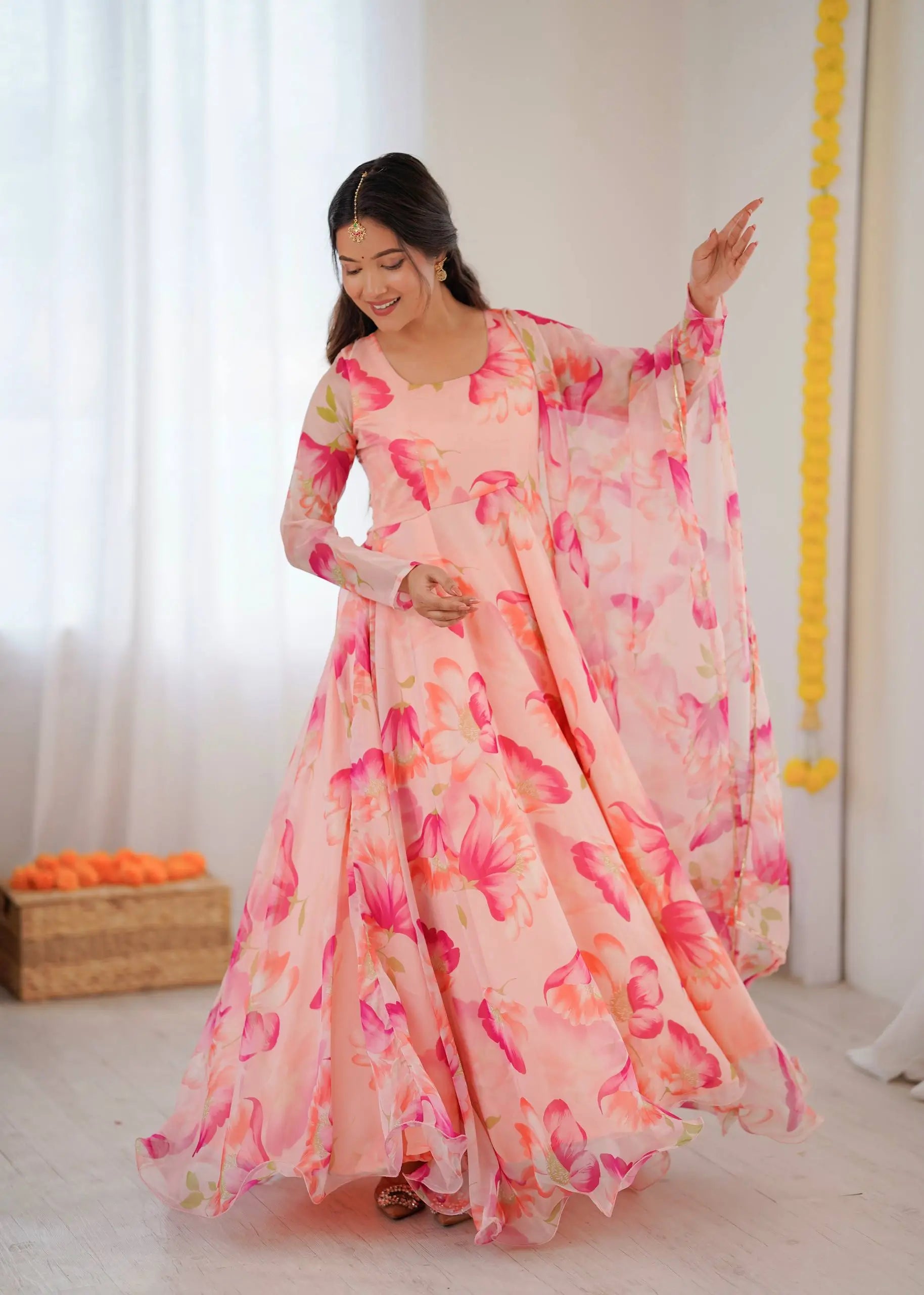 Floral Organza Taby Silk Anarkali Gown Set with Dupatta