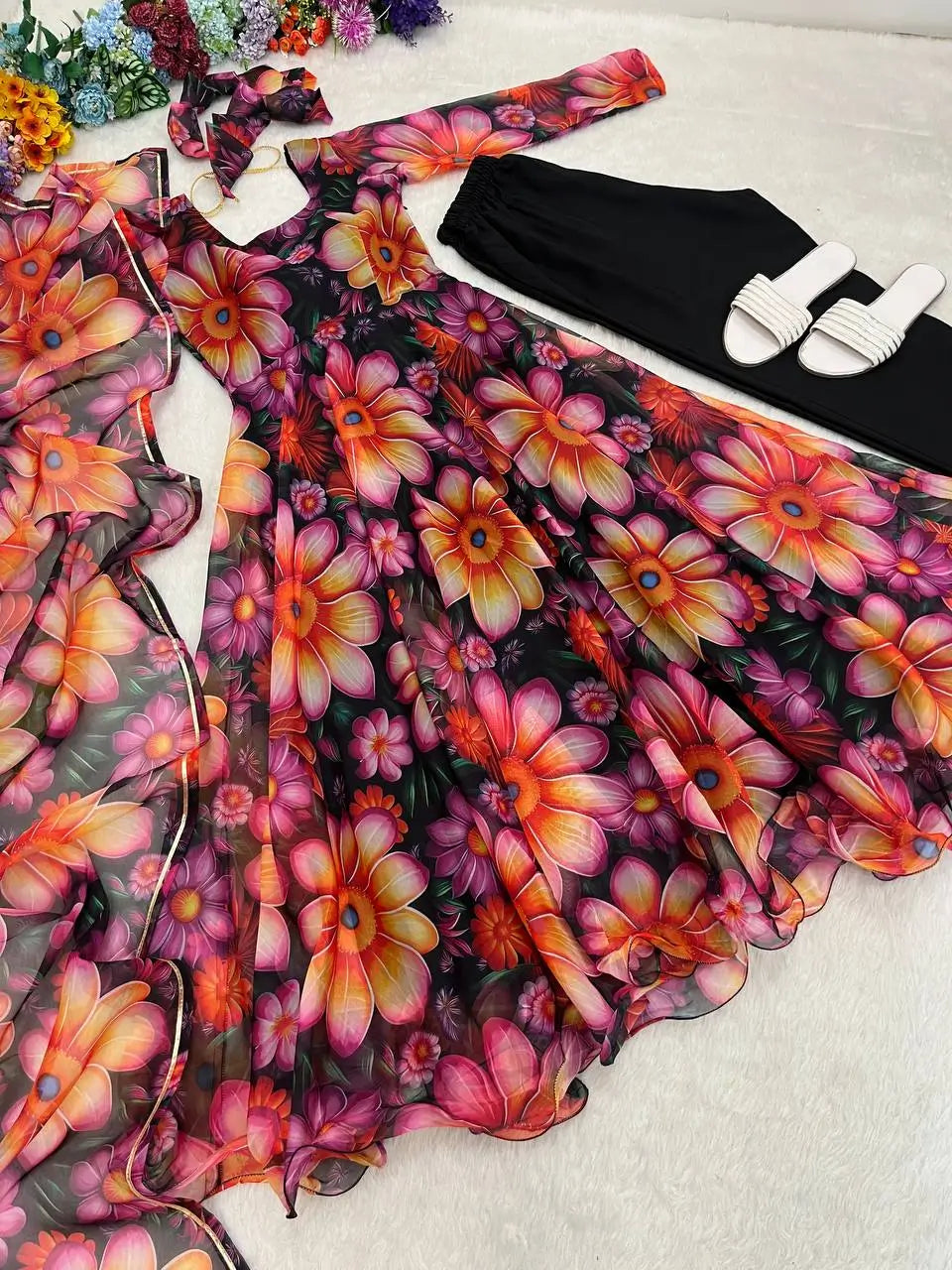 Floral Organza Taby Silk Anarkali Gown Set with Dupatta