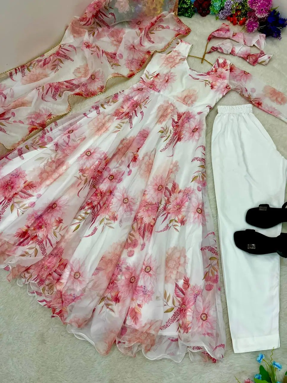 Floral Organza Taby Silk Anarkali Gown Set with Dupatta