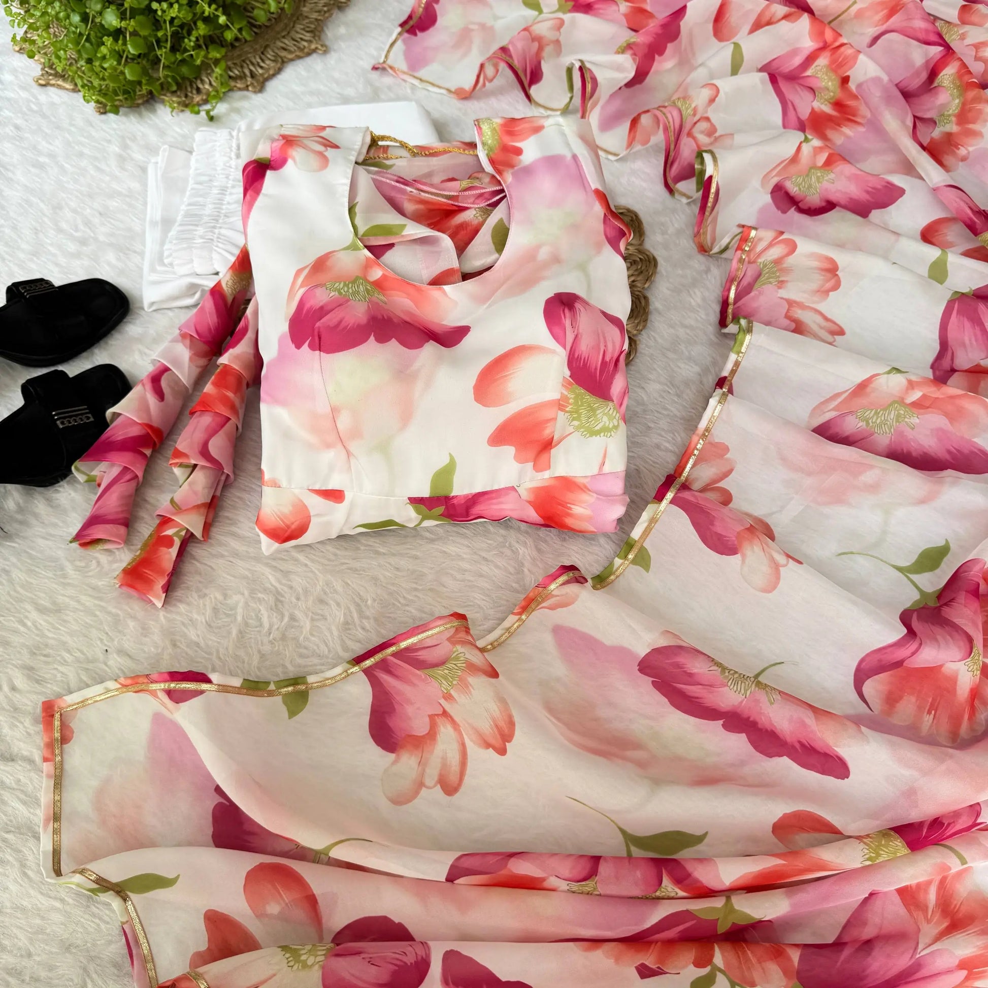 Floral Organza Taby Silk Anarkali Gown Set with Dupatta