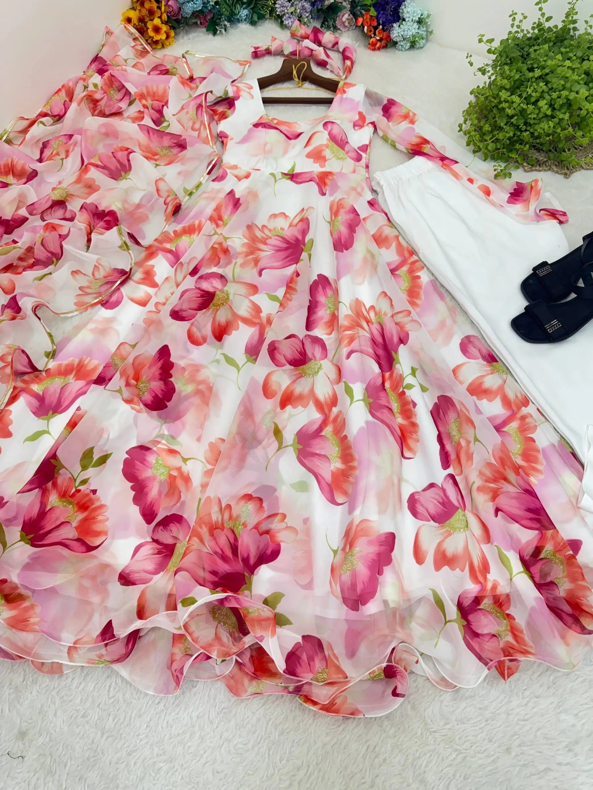 Floral Organza Taby Silk Anarkali Gown Set with Dupatta