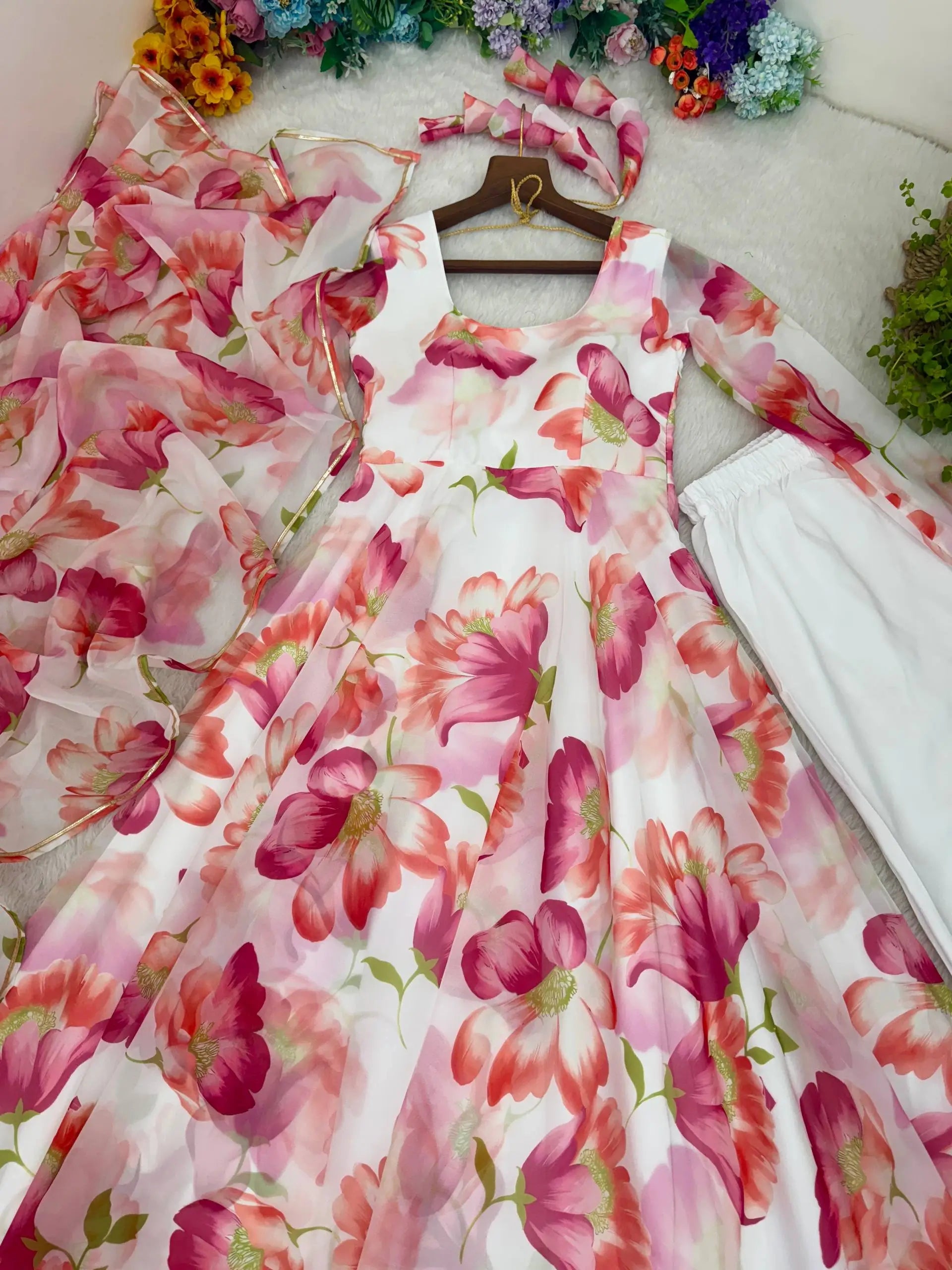 Floral Organza Taby Silk Anarkali Gown Set with Dupatta