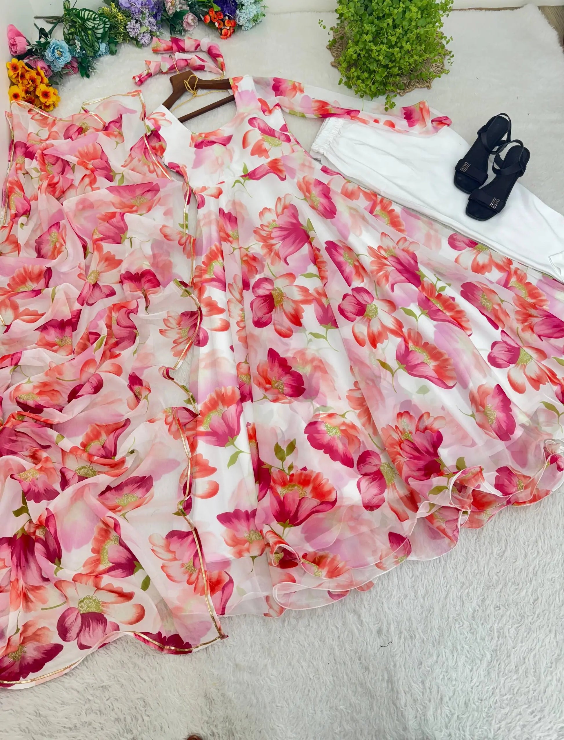 Floral Organza Taby Silk Anarkali Gown Set with Dupatta