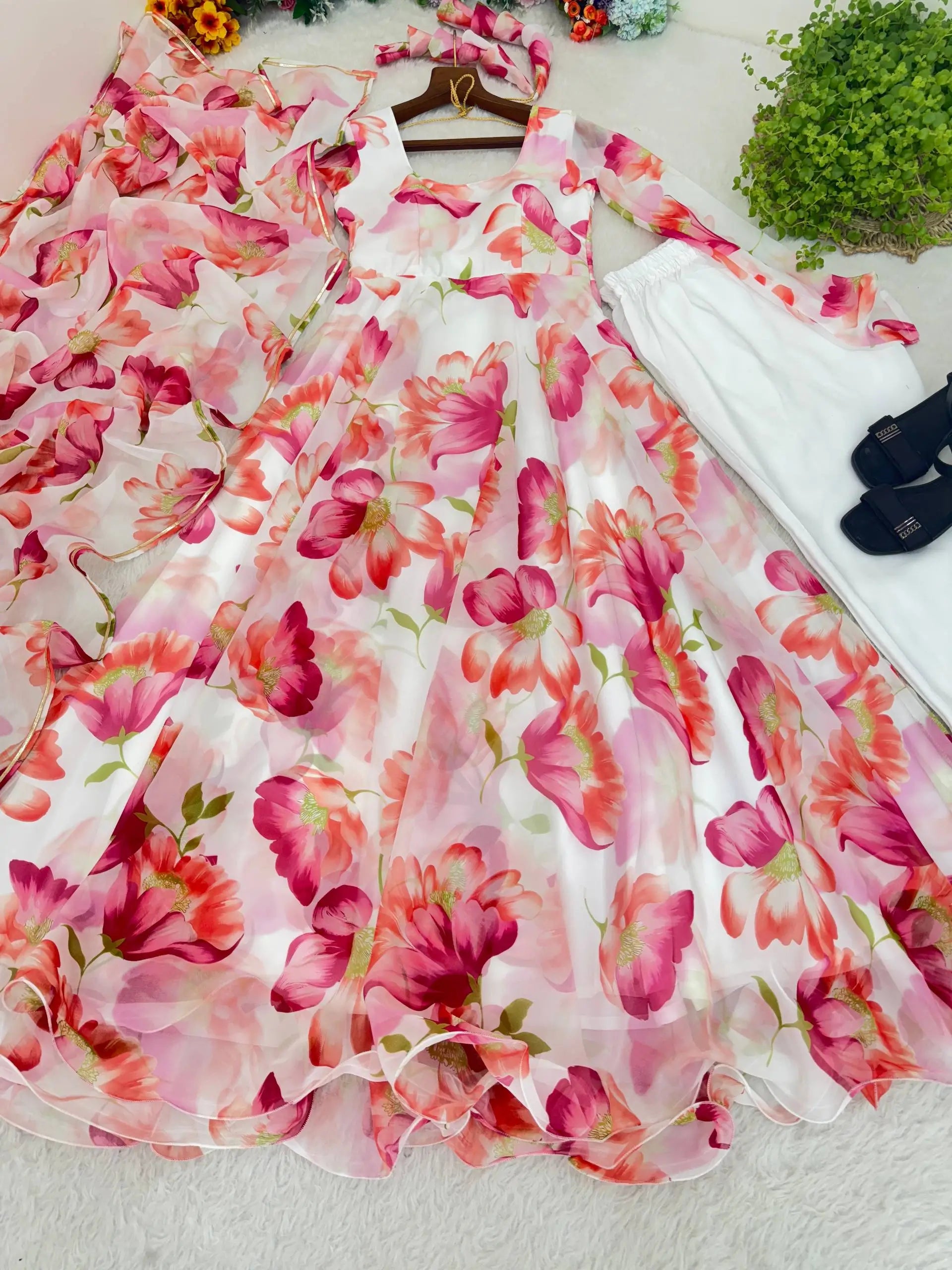Floral Organza Taby Silk Anarkali Gown Set with Dupatta