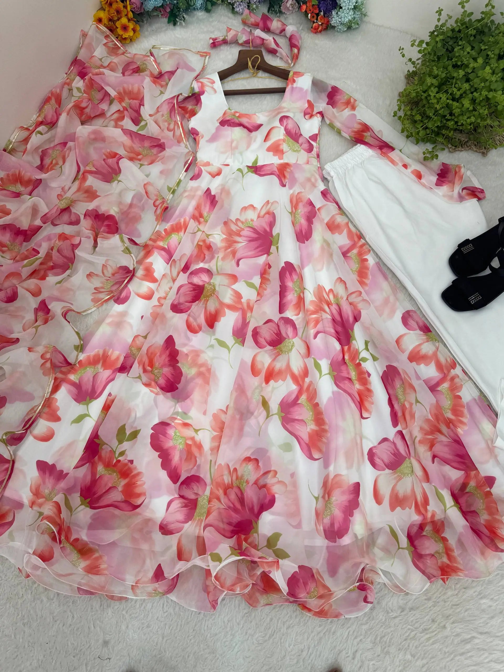 Floral Organza Taby Silk Anarkali Gown Set with Dupatta