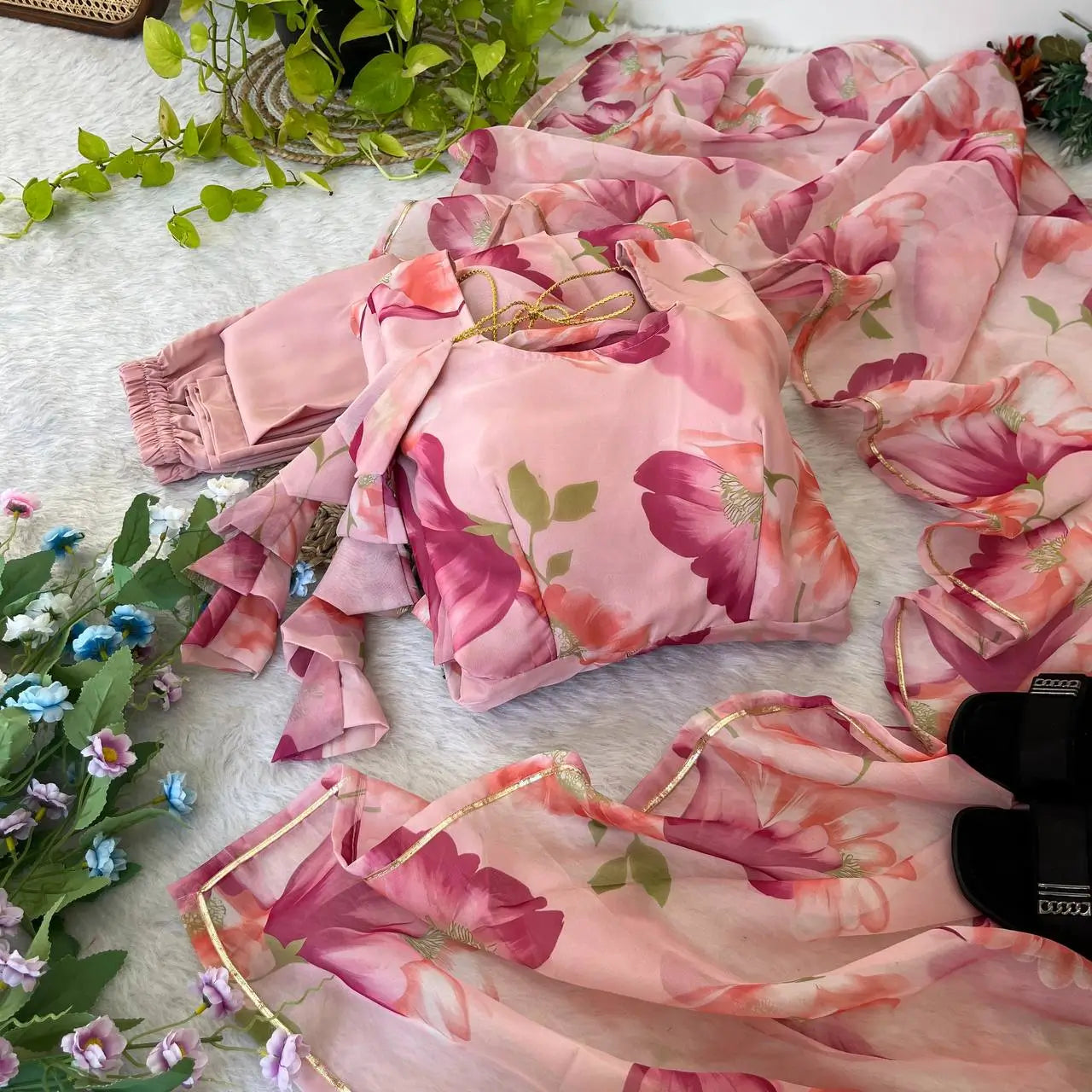 Floral Organza Taby Silk Anarkali Gown Set with Dupatta