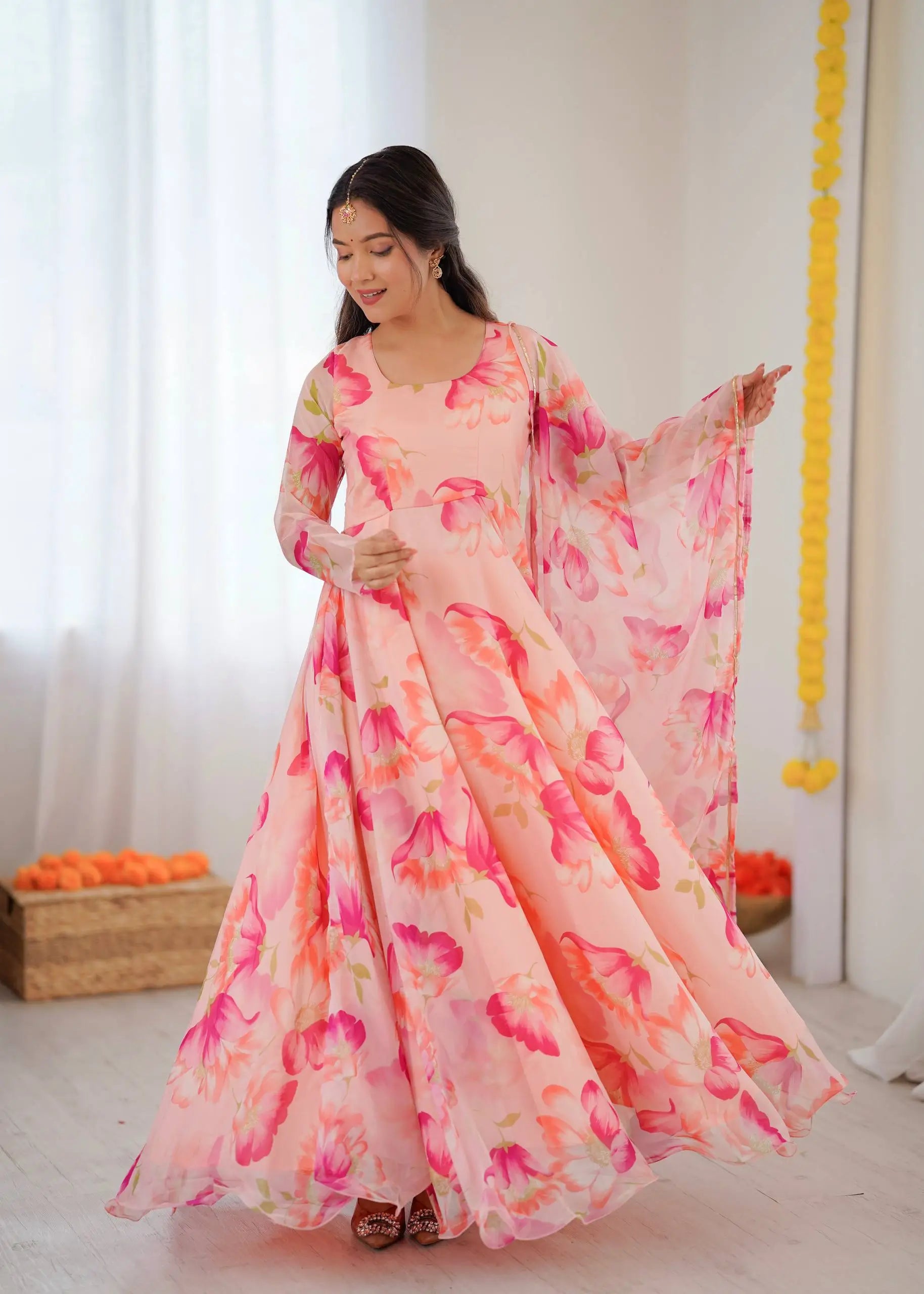Floral Organza Taby Silk Anarkali Gown Set with Dupatta