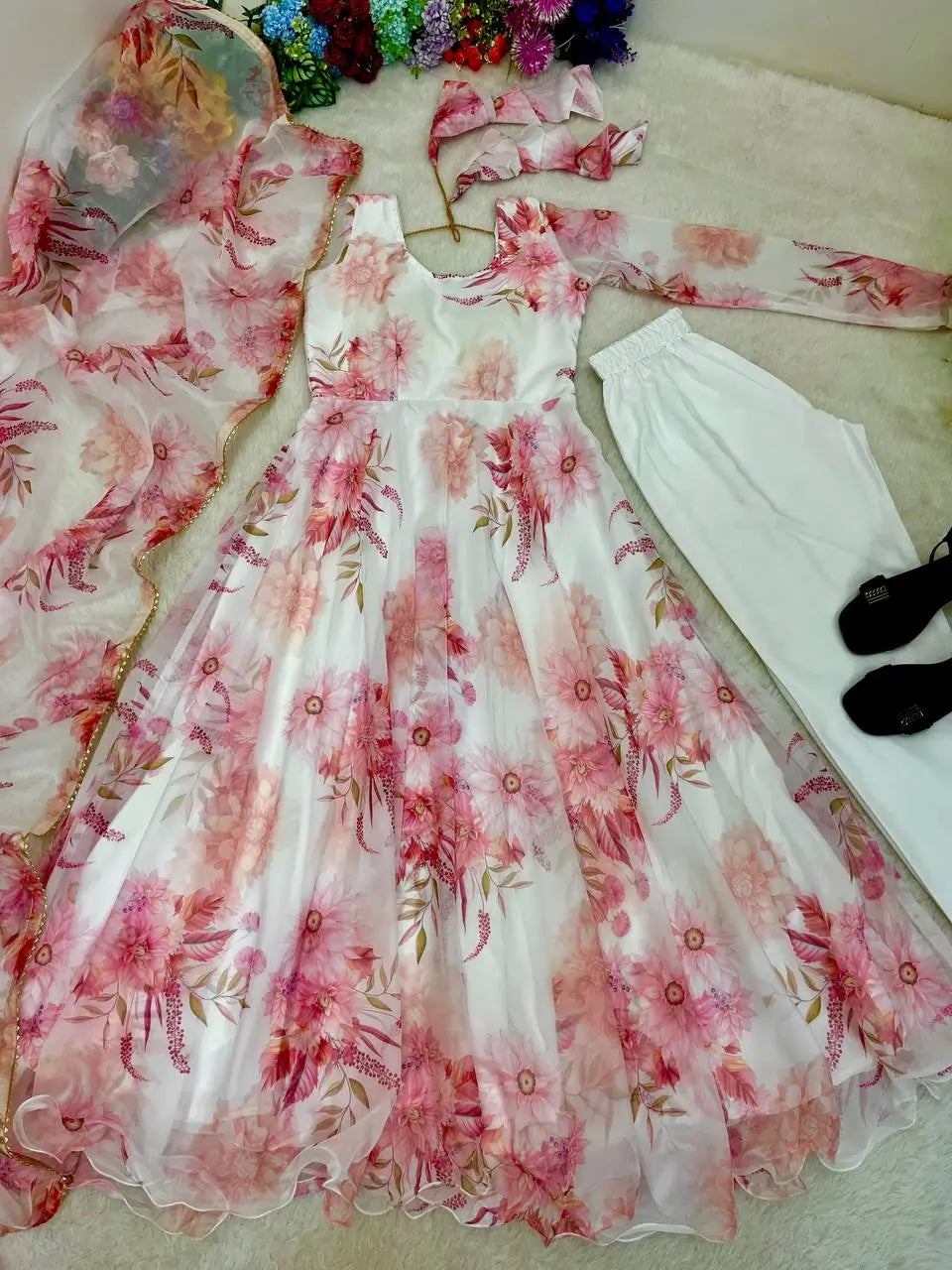 Floral Organza Taby Silk Anarkali Gown Set with Dupatta