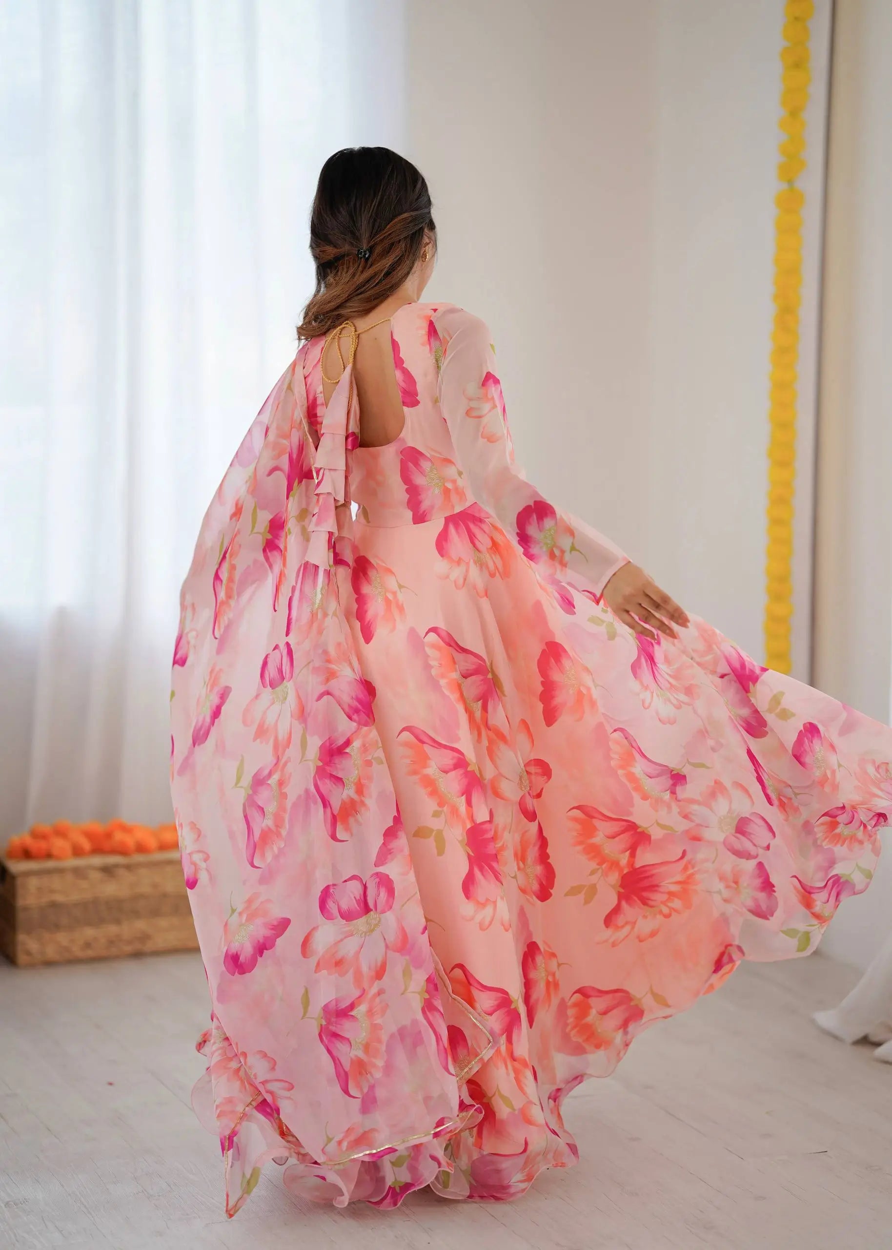 Floral Organza Taby Silk Anarkali Gown Set with Dupatta