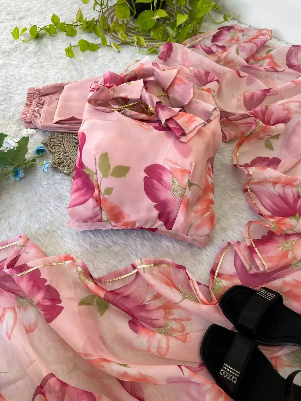 Floral Organza Taby Silk Anarkali Gown Set with Dupatta