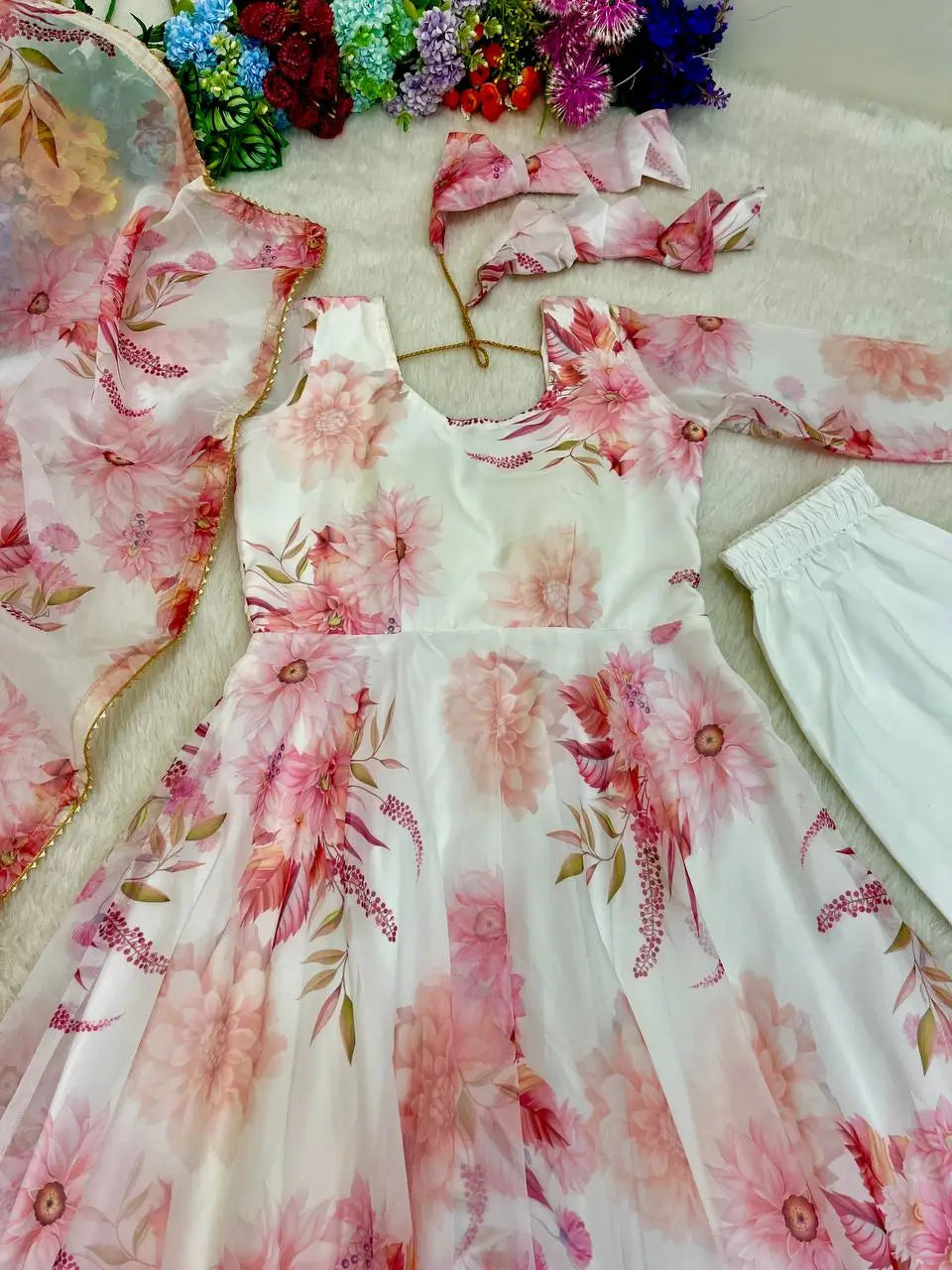 Floral Organza Taby Silk Anarkali Gown Set with Dupatta