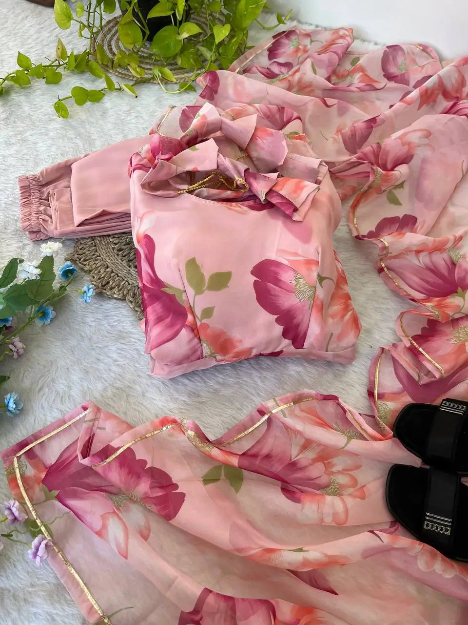 Floral Organza Taby Silk Anarkali Gown Set with Dupatta