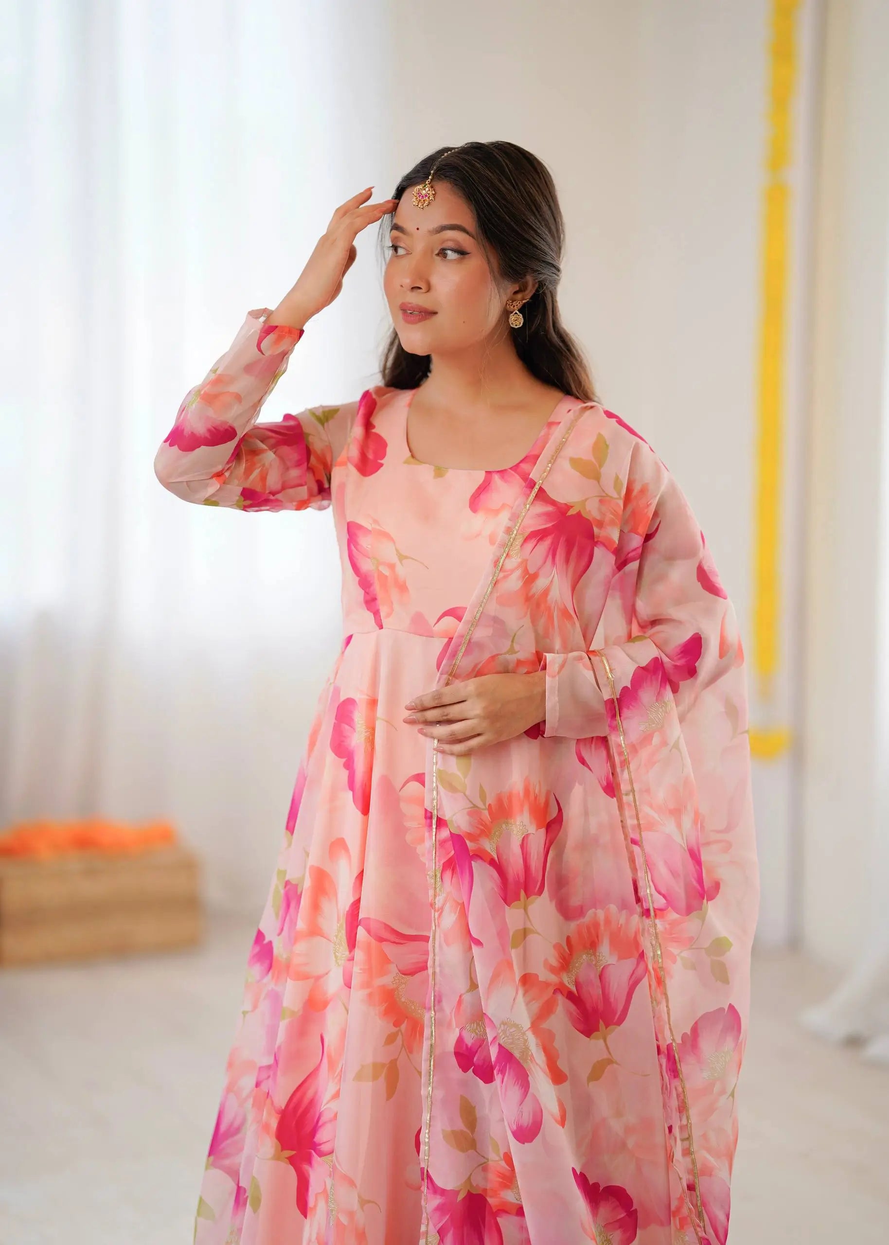 Floral Organza Taby Silk Anarkali Gown Set with Dupatta