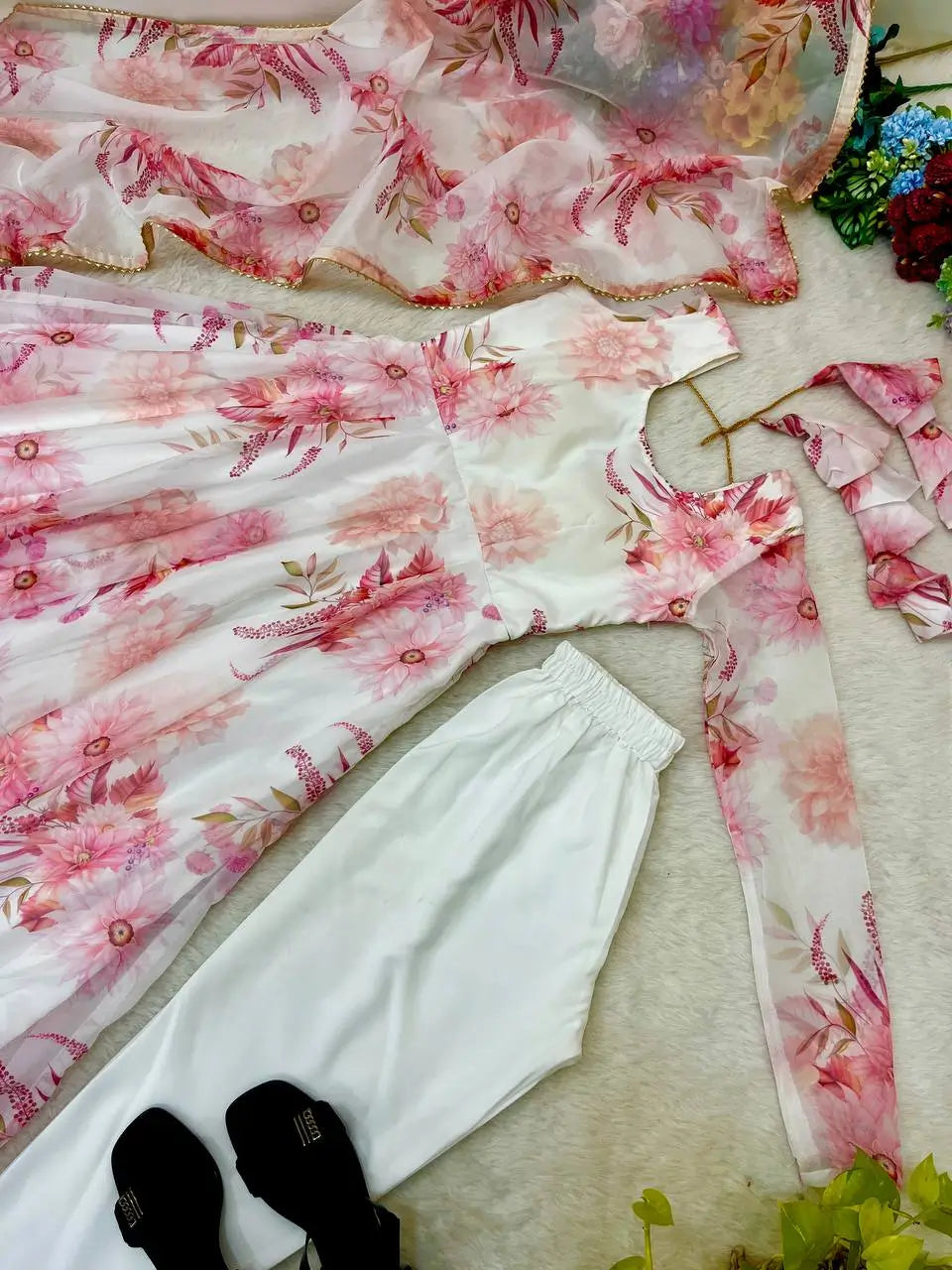 Floral Organza Taby Silk Anarkali Gown Set with Dupatta