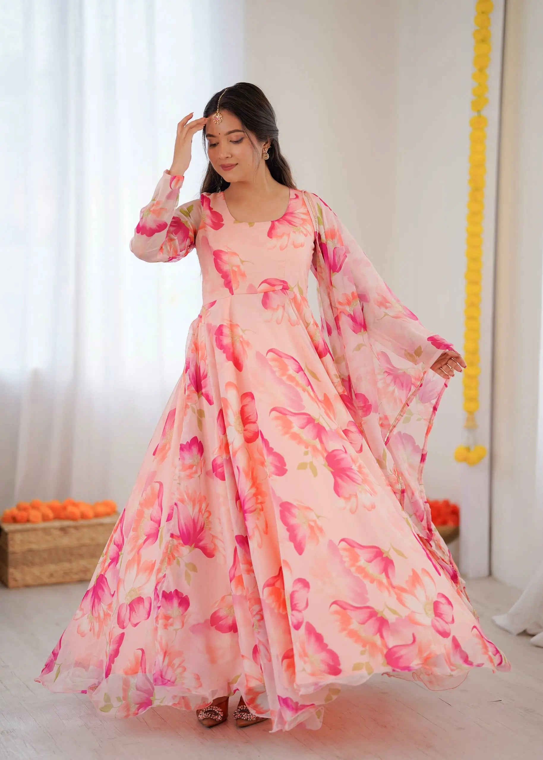 Floral Organza Taby Silk Anarkali Gown Set with Dupatta