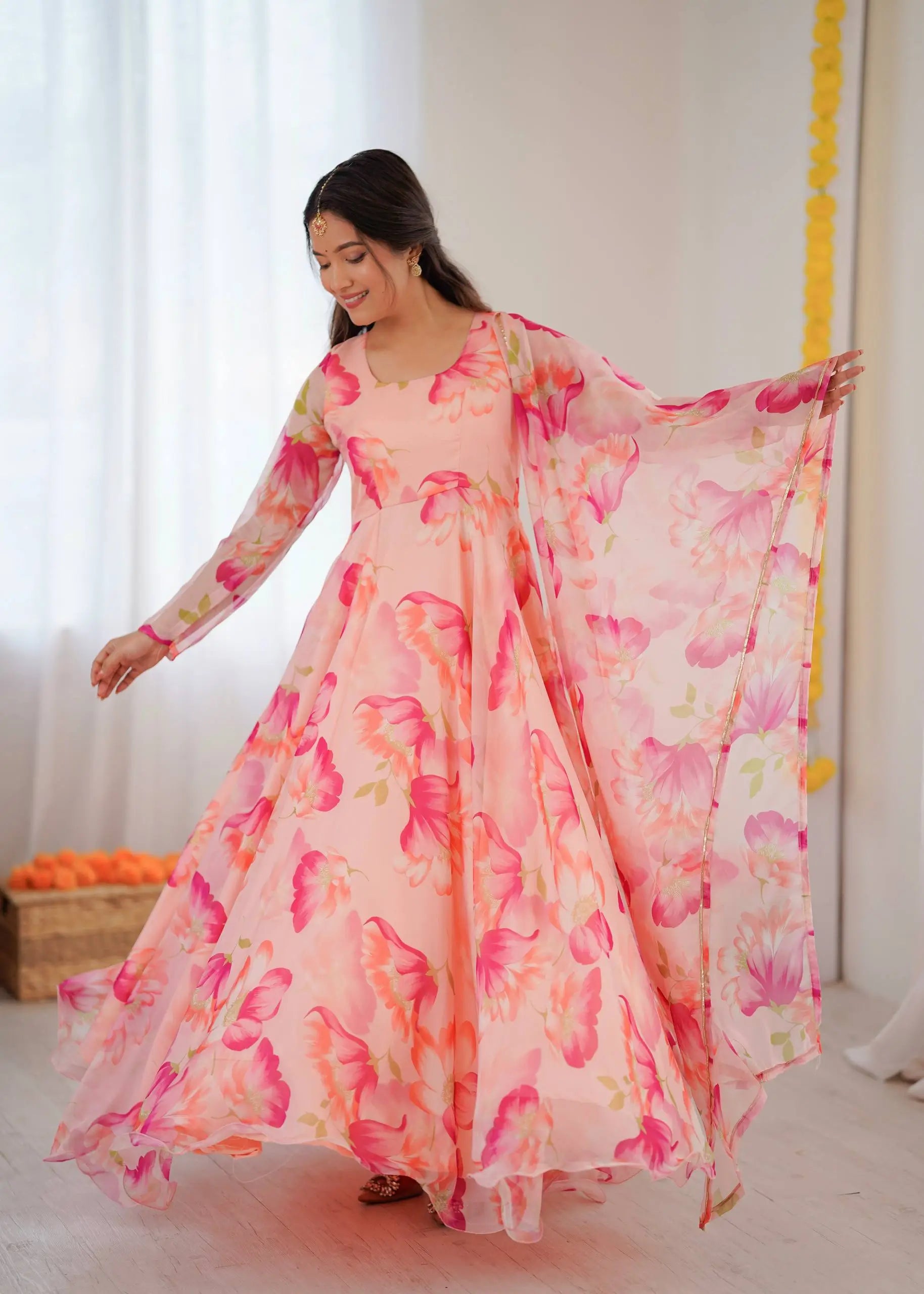 Floral Organza Taby Silk Anarkali Gown Set with Dupatta