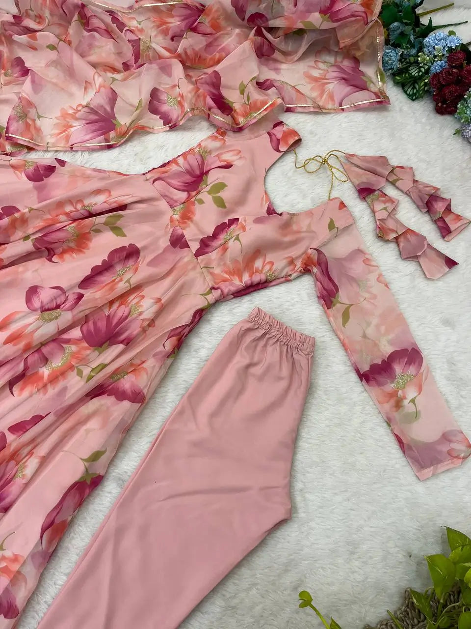 Floral Organza Taby Silk Anarkali Gown Set with Dupatta