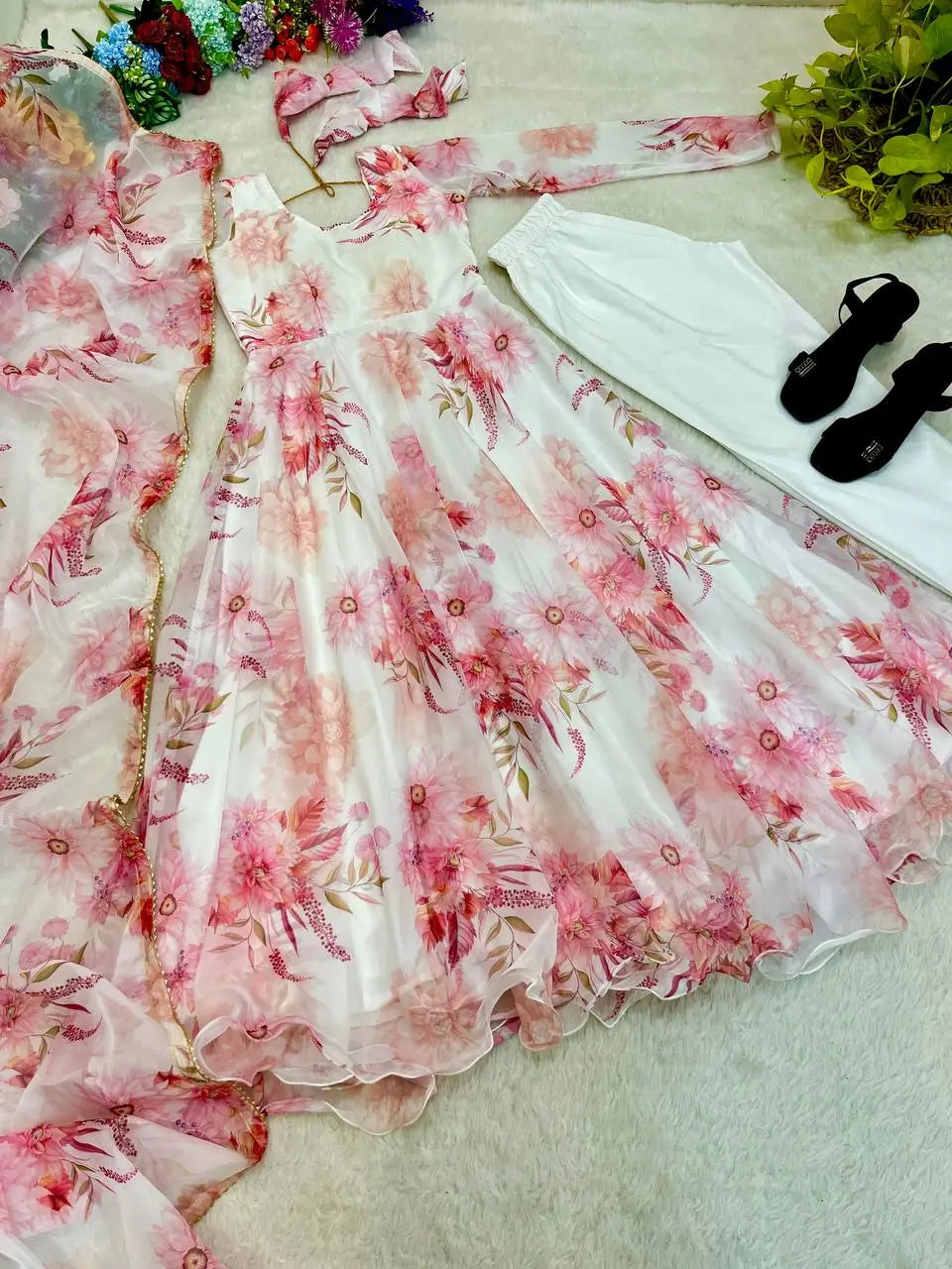 Floral Organza Taby Silk Anarkali Gown Set with Dupatta