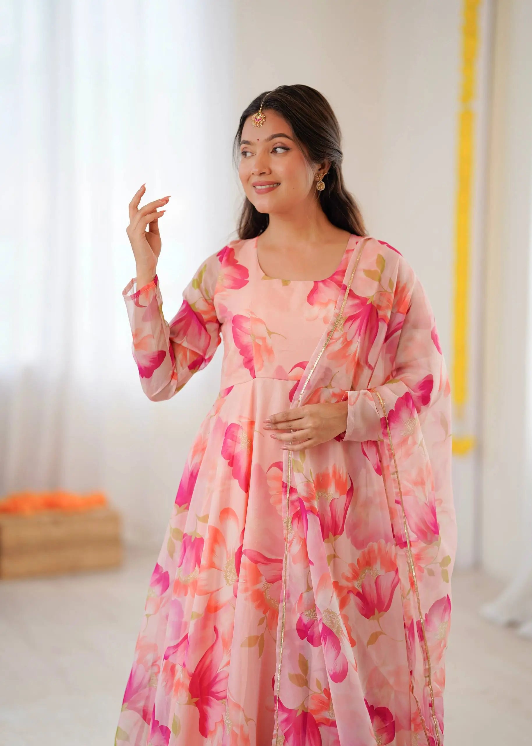 Floral Organza Taby Silk Anarkali Gown Set with Dupatta