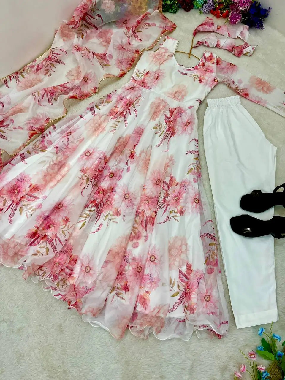 Floral Organza Taby Silk Anarkali Gown Set with Dupatta