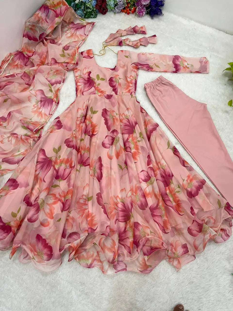 Floral Organza Taby Silk Anarkali Gown Set with Dupatta