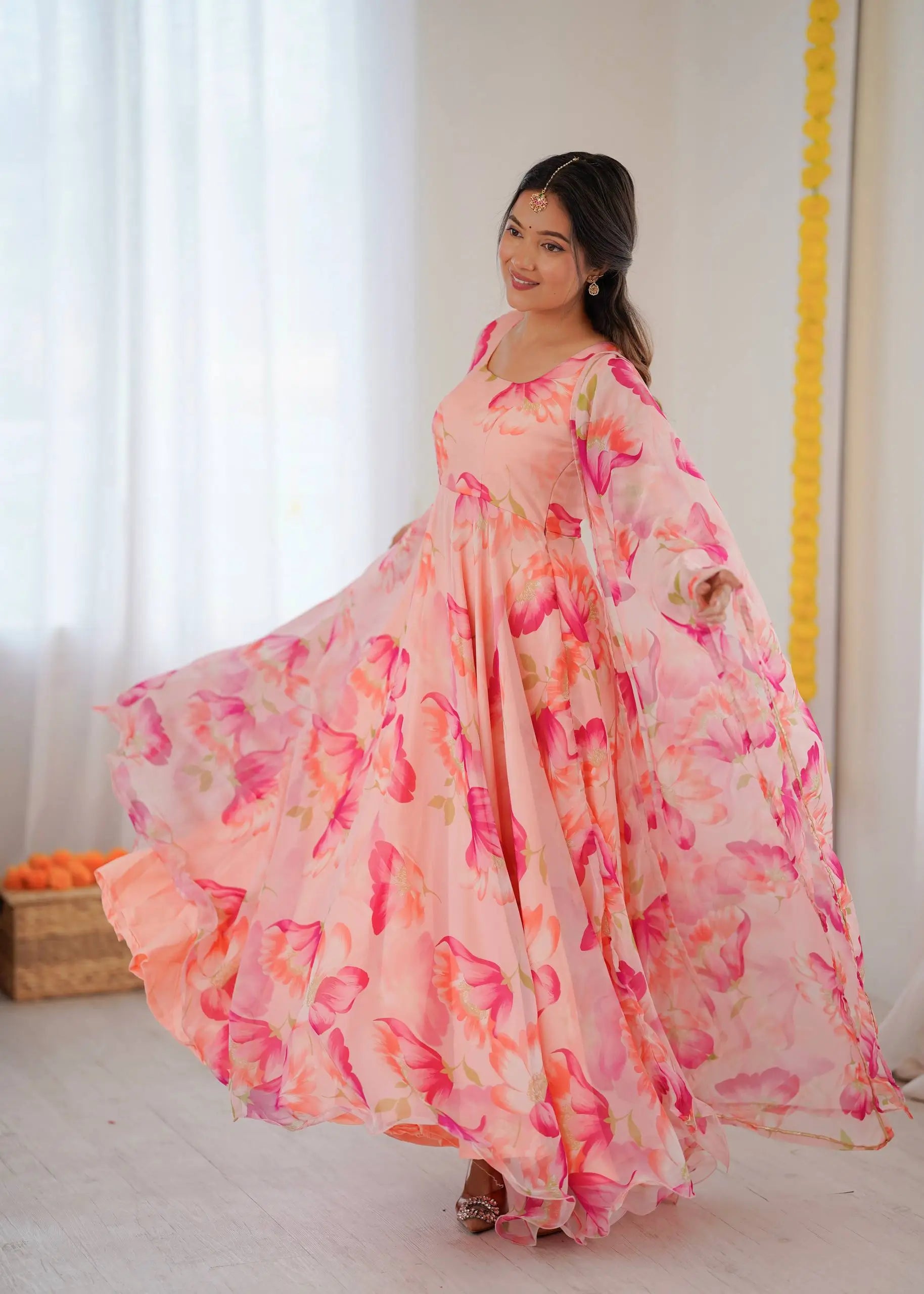 Floral Organza Taby Silk Anarkali Gown Set with Dupatta