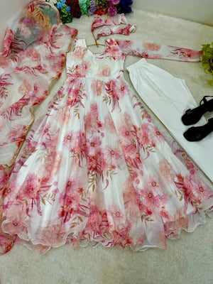 Floral Organza Taby Silk Anarkali Gown Set with Dupatta