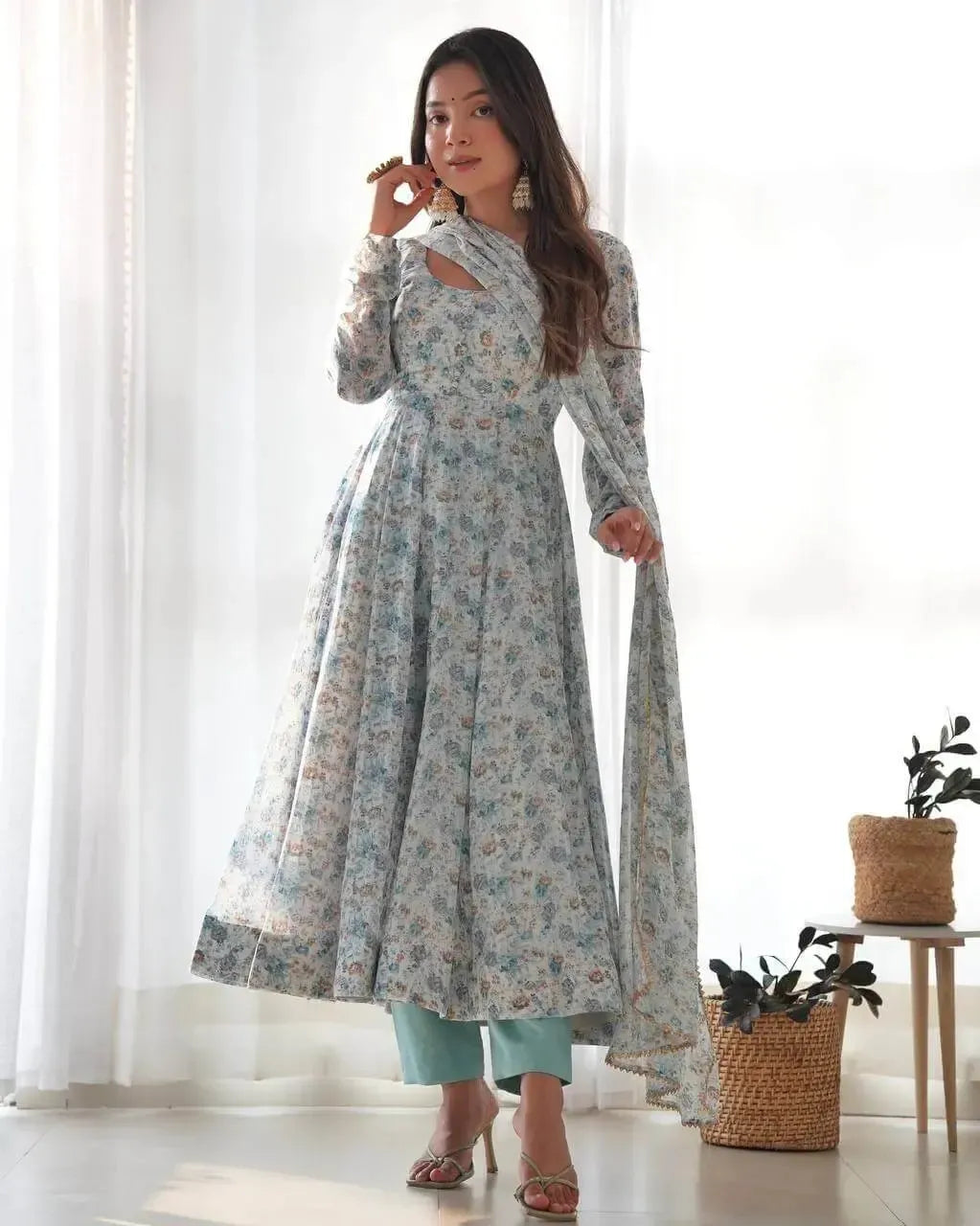 Floral Print Chiffon Anarkali Set with Dupatta and Pant – Fancy Neck & Potli Button Design