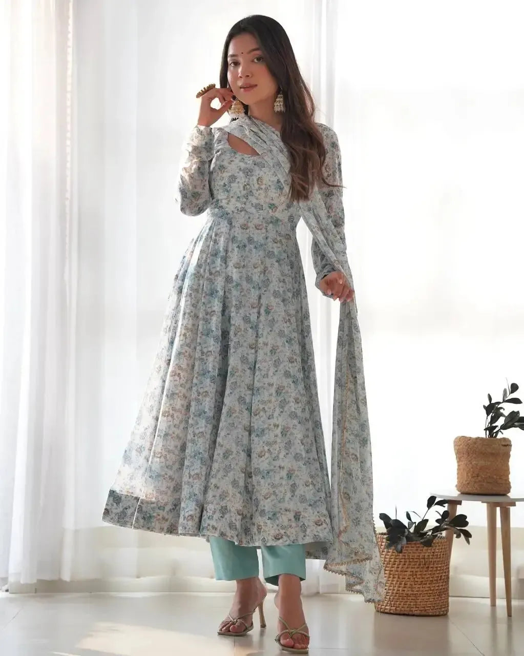 Floral Print Chiffon Anarkali Set with Dupatta and Pant – Fancy Neck & Potli Button Design