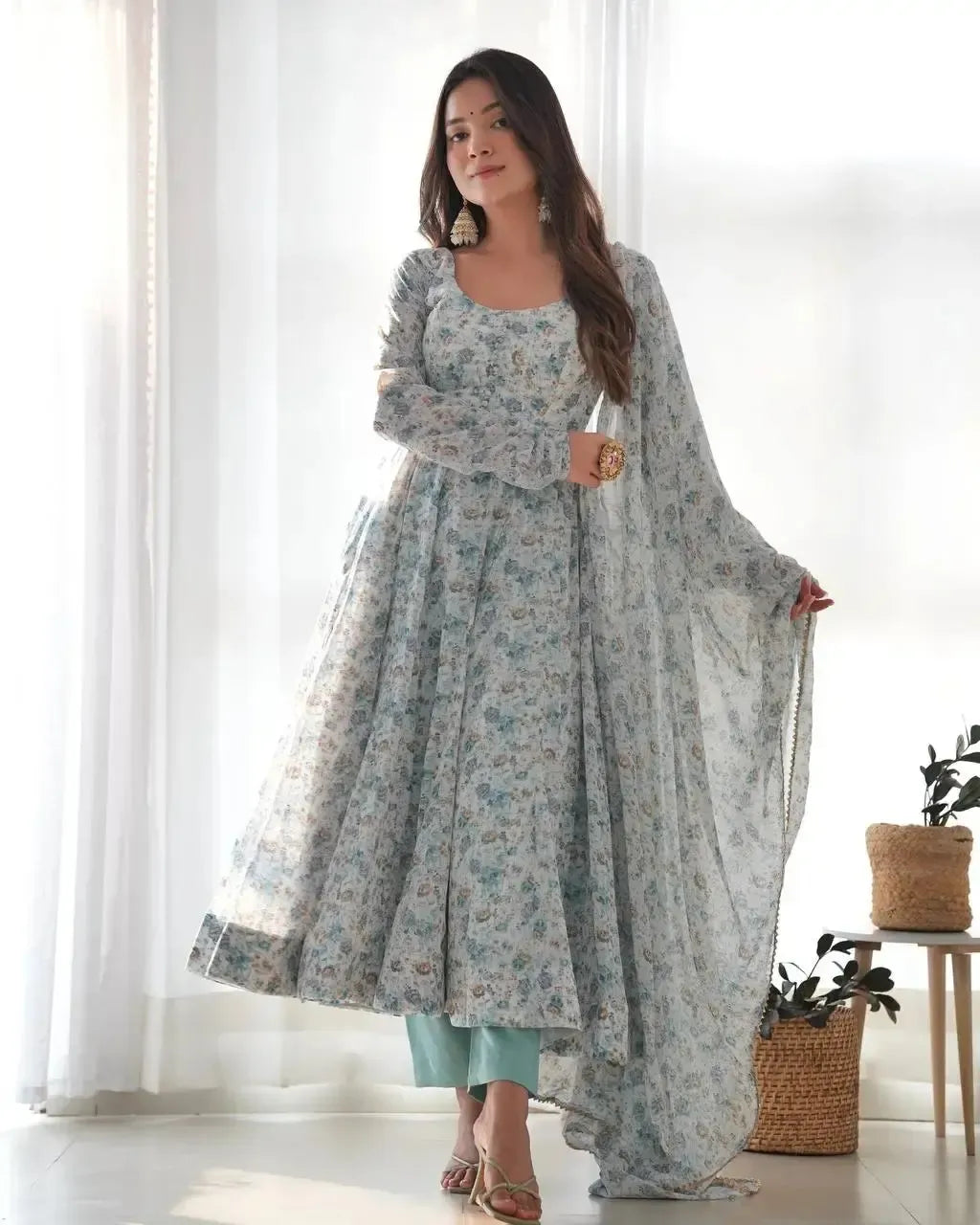 Floral Print Chiffon Anarkali Set with Dupatta and Pant – Fancy Neck & Potli Button Design