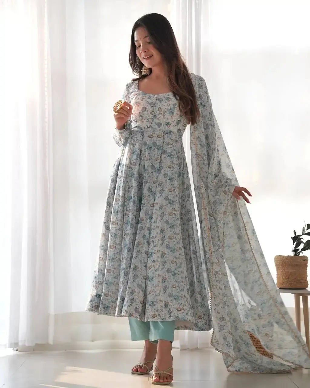 Floral Print Chiffon Anarkali Set with Dupatta and Pant – Fancy Neck & Potli Button Design