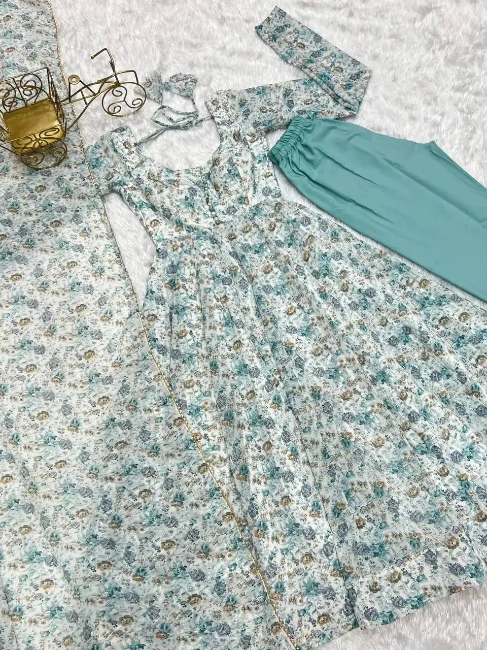 Floral Print Chiffon Anarkali Set with Dupatta and Pant – Fancy Neck & Potli Button Design