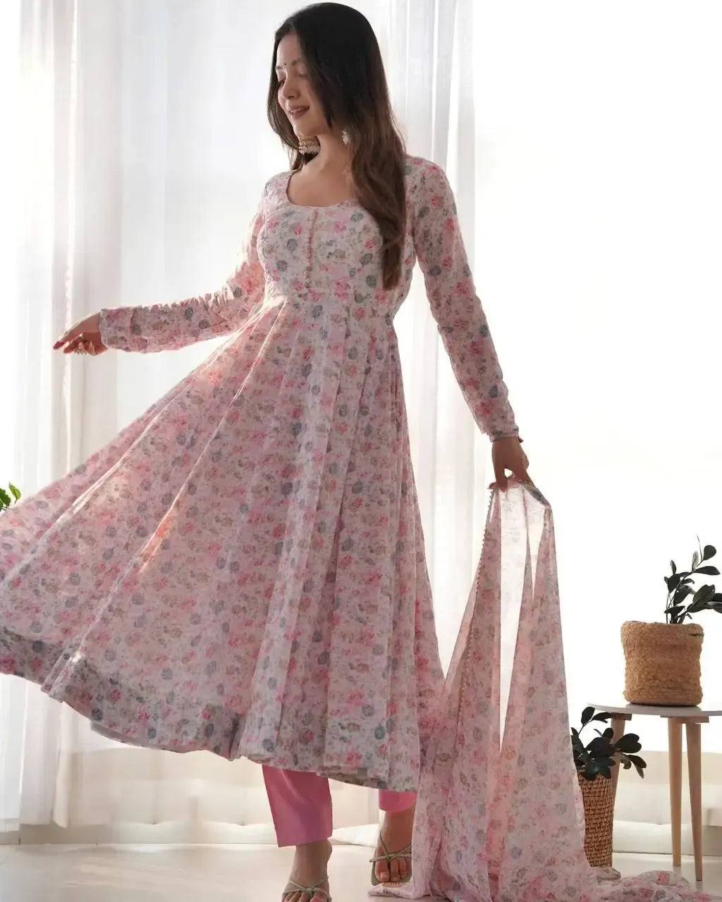 Floral Print Chiffon Anarkali Set with Dupatta and Pant – Fancy Neck & Potli Button Design