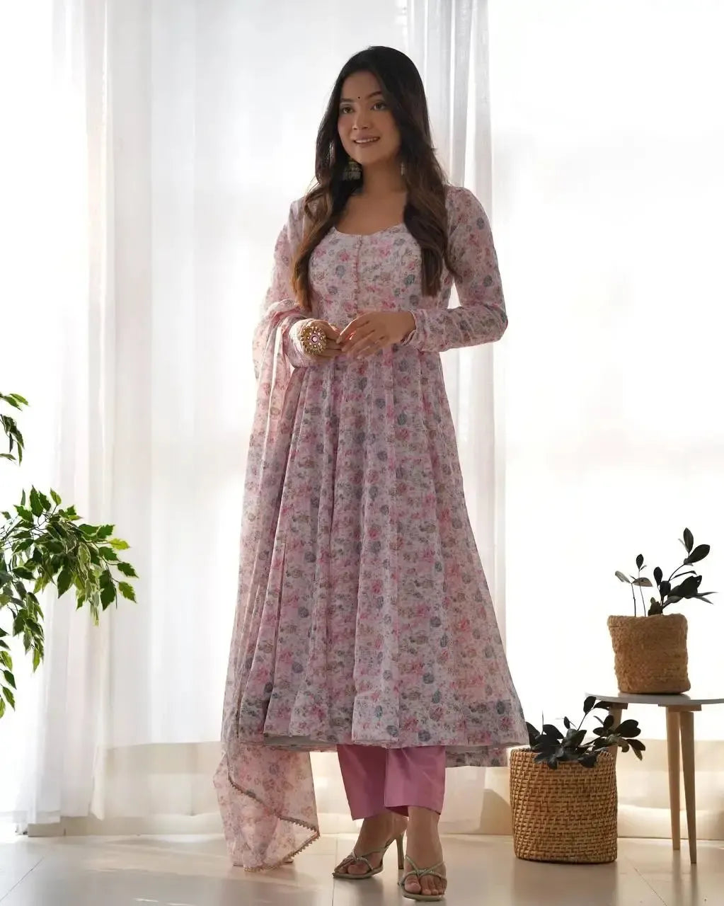 Floral Print Chiffon Anarkali Set with Dupatta and Pant – Fancy Neck & Potli Button Design