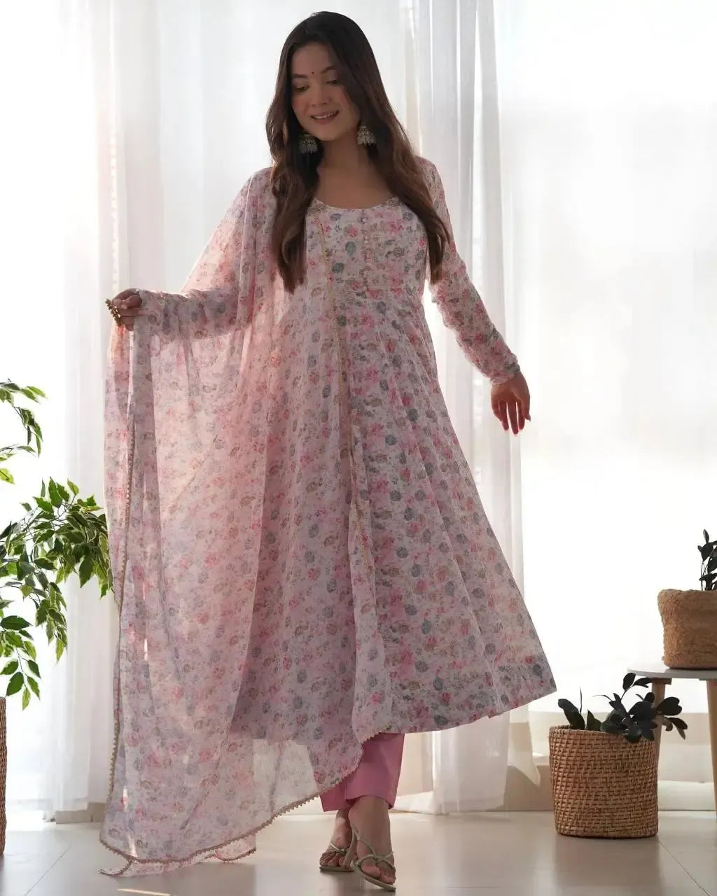 Floral Print Chiffon Anarkali Set with Dupatta and Pant – Fancy Neck & Potli Button Design