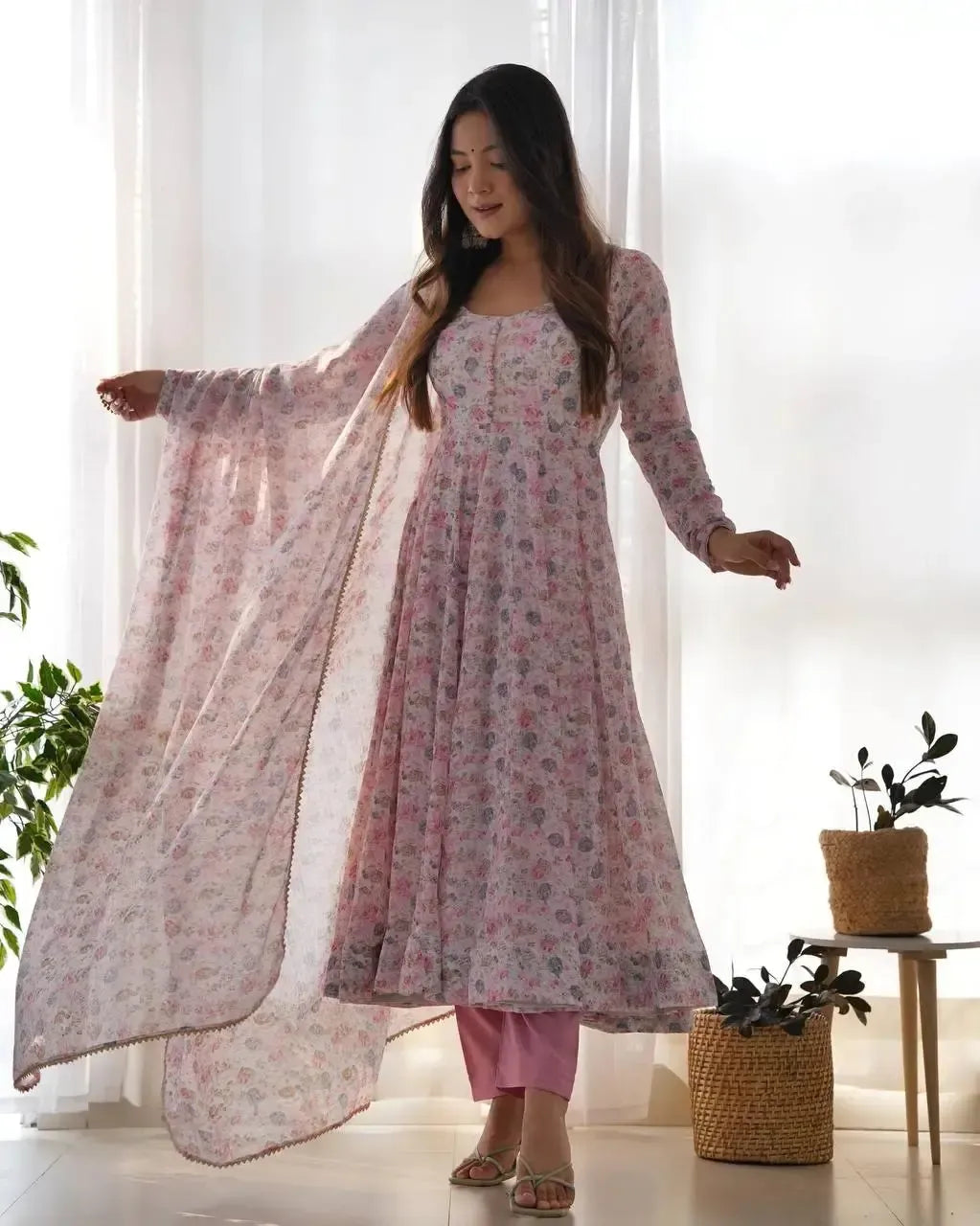 Floral Print Chiffon Anarkali Set with Dupatta and Pant – Fancy Neck & Potli Button Design