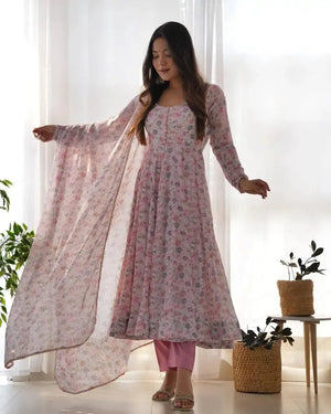 Floral Print Chiffon Anarkali Set with Dupatta and Pant – Fancy Neck & Potli Button Design