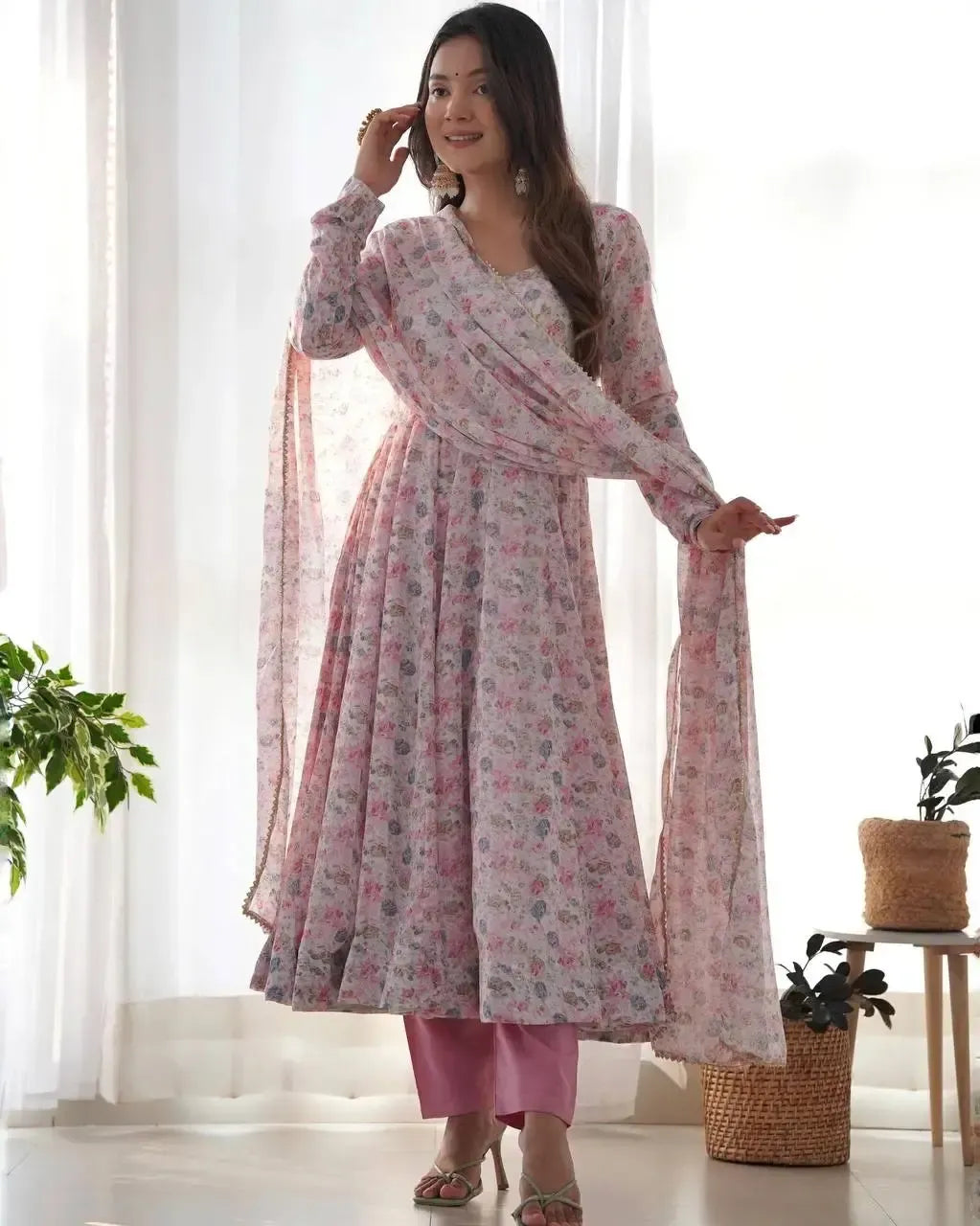 Floral Print Chiffon Anarkali Set with Dupatta and Pant – Fancy Neck & Potli Button Design