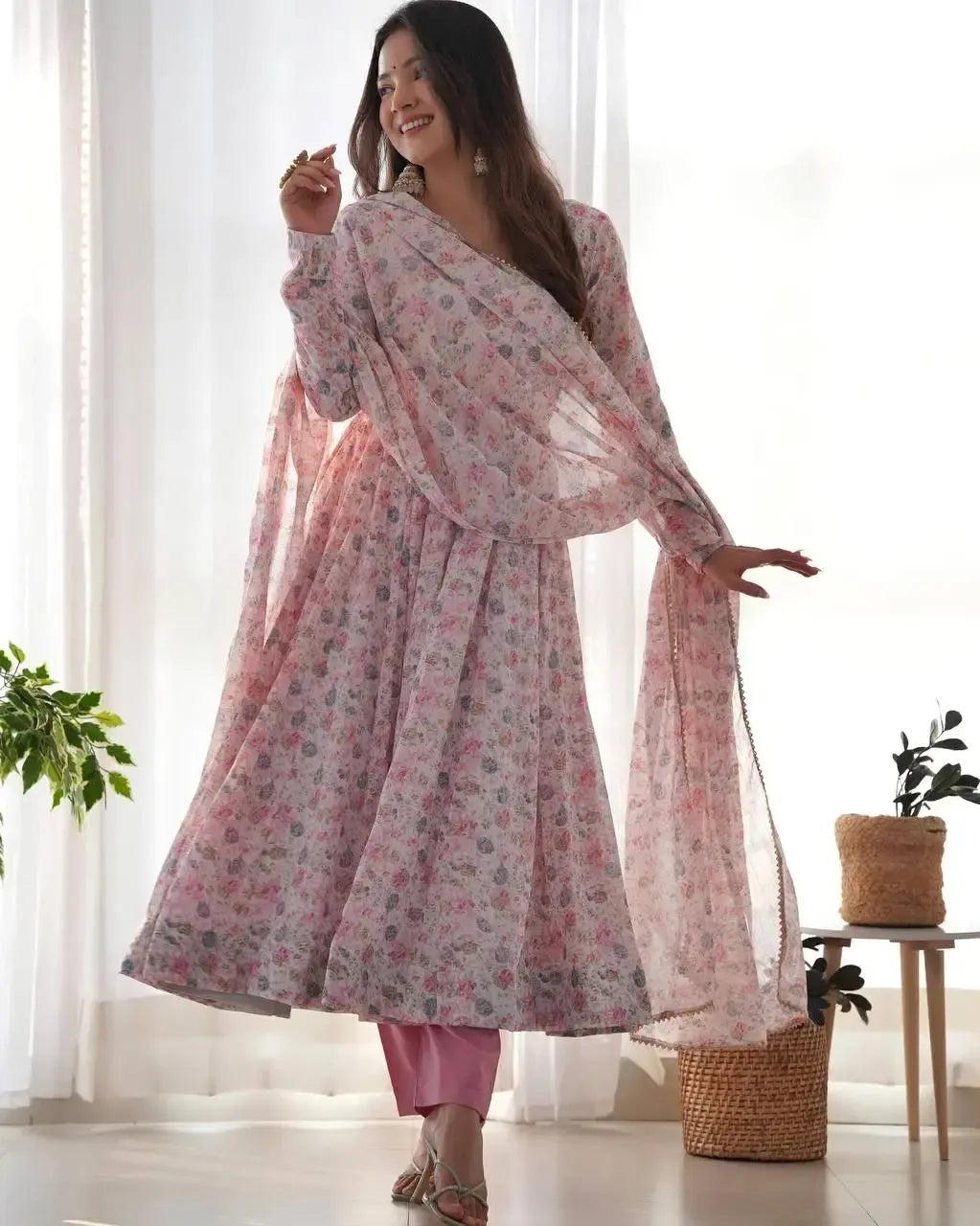 Floral Print Chiffon Anarkali Set with Dupatta and Pant – Fancy Neck & Potli Button Design