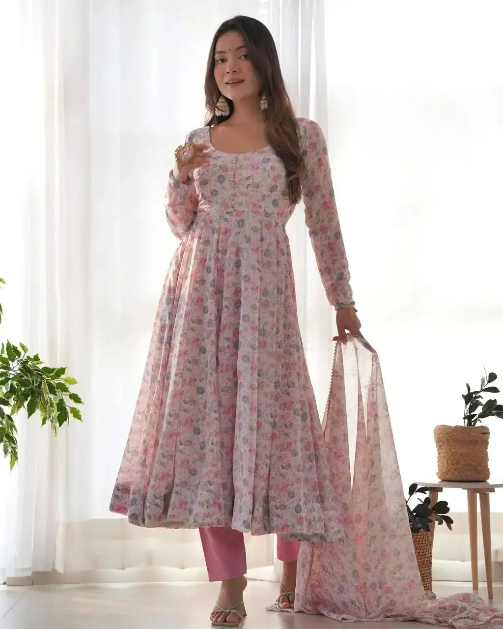 Floral Print Chiffon Anarkali Set with Dupatta and Pant – Fancy Neck & Potli Button Design