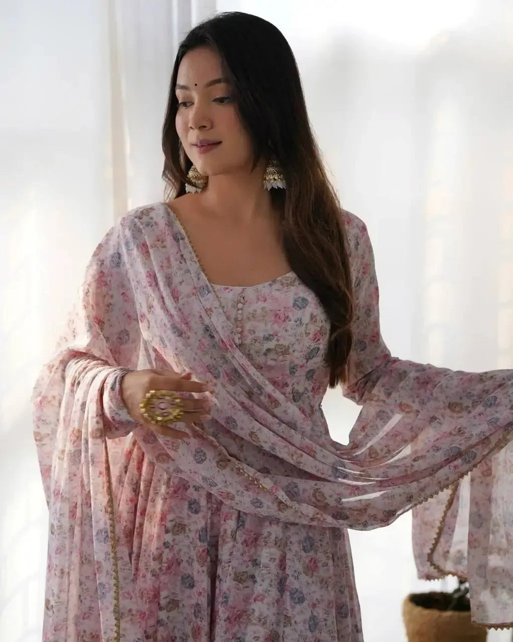 Floral Print Chiffon Anarkali Set with Dupatta and Pant – Fancy Neck & Potli Button Design