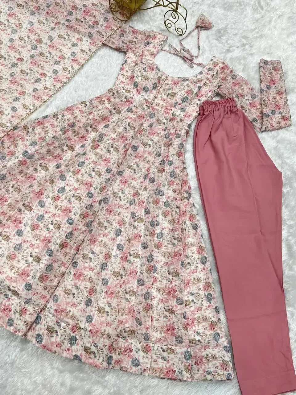 Floral Print Chiffon Anarkali Set with Dupatta and Pant – Fancy Neck & Potli Button Design