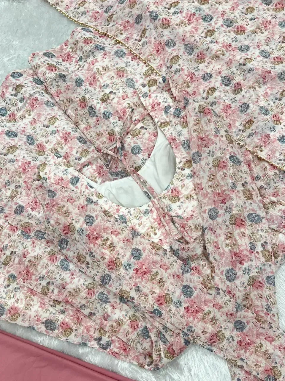 Floral Print Chiffon Anarkali Set with Dupatta and Pant – Fancy Neck & Potli Button Design