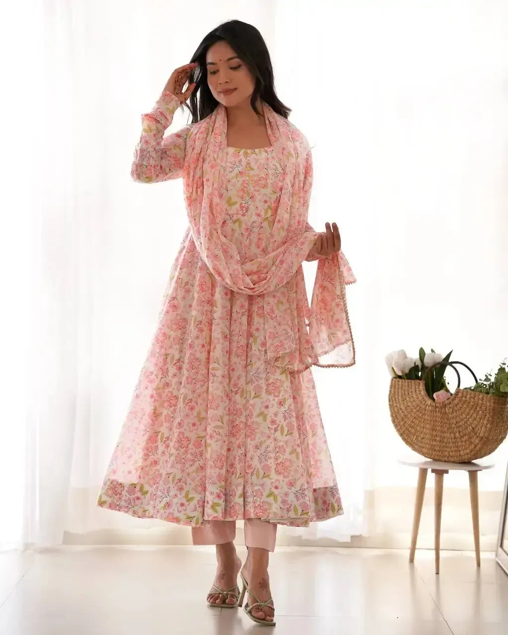 Floral Print Chiffon Anarkali Set with Dupatta and Pant – Fancy Neck & Potli Button Design