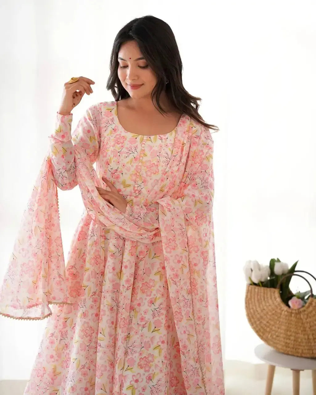 Floral Print Chiffon Anarkali Set with Dupatta and Pant – Fancy Neck & Potli Button Design