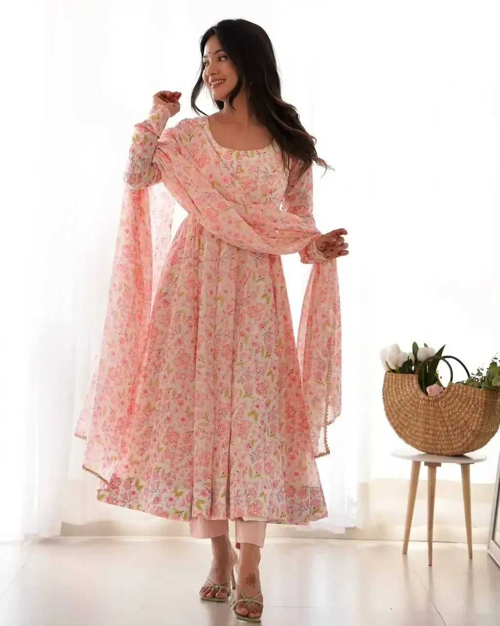 Floral Print Chiffon Anarkali Set with Dupatta and Pant – Fancy Neck & Potli Button Design