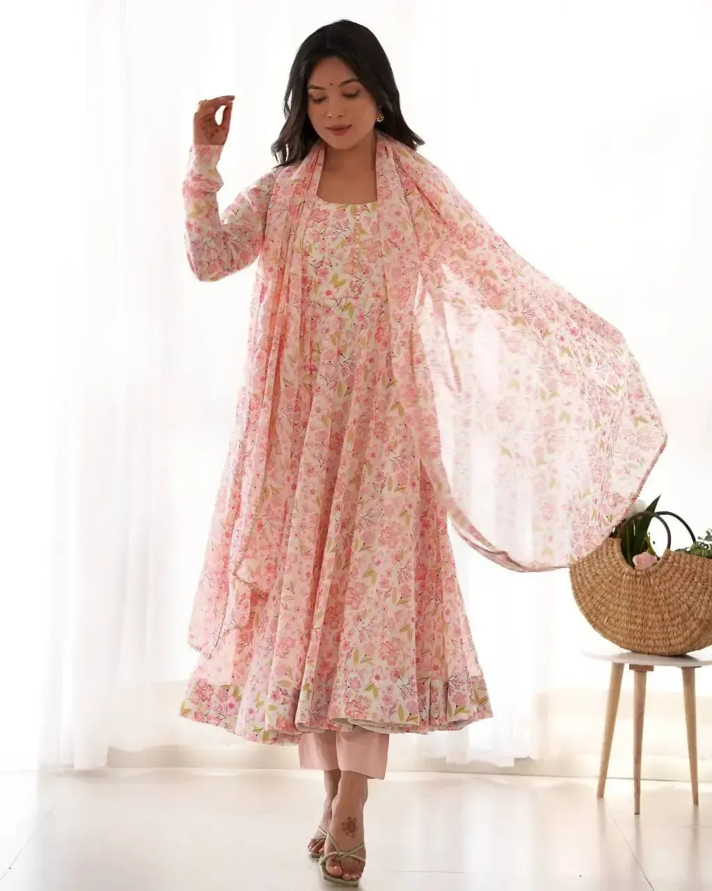 Floral Print Chiffon Anarkali Set with Dupatta and Pant – Fancy Neck & Potli Button Design